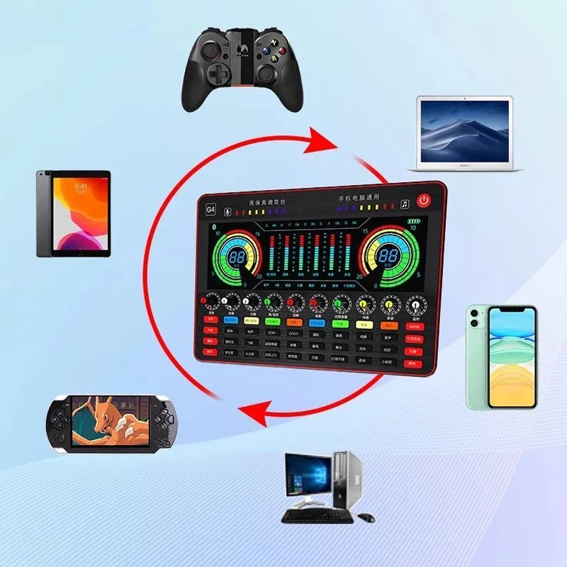 G4 professional live sound card set with LCD display, control knobs, remote, cables, and a dynamic microphone.