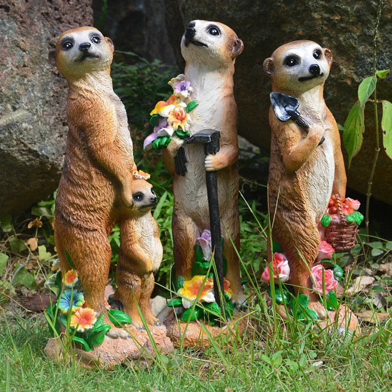 Straw hat mongoose garden ornament with synthetic resin construction for outdoor decoration