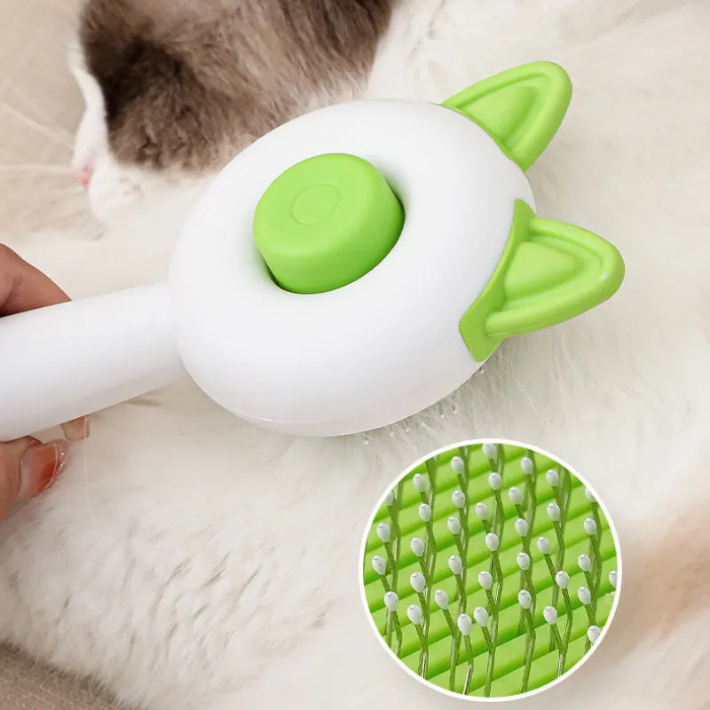 Self-cleaning cat grooming comb with stainless steel bristles in greenish white and orange white colour options