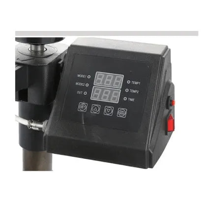 Black 1250W heat transfer machine with large platen for t-shirt and fabric printing.