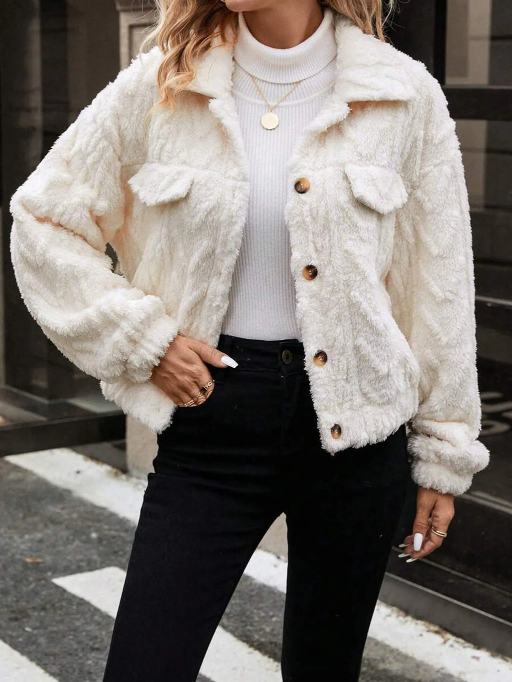 Women's Ivory White double-sided plush button cardigan coat with regular long sleeves