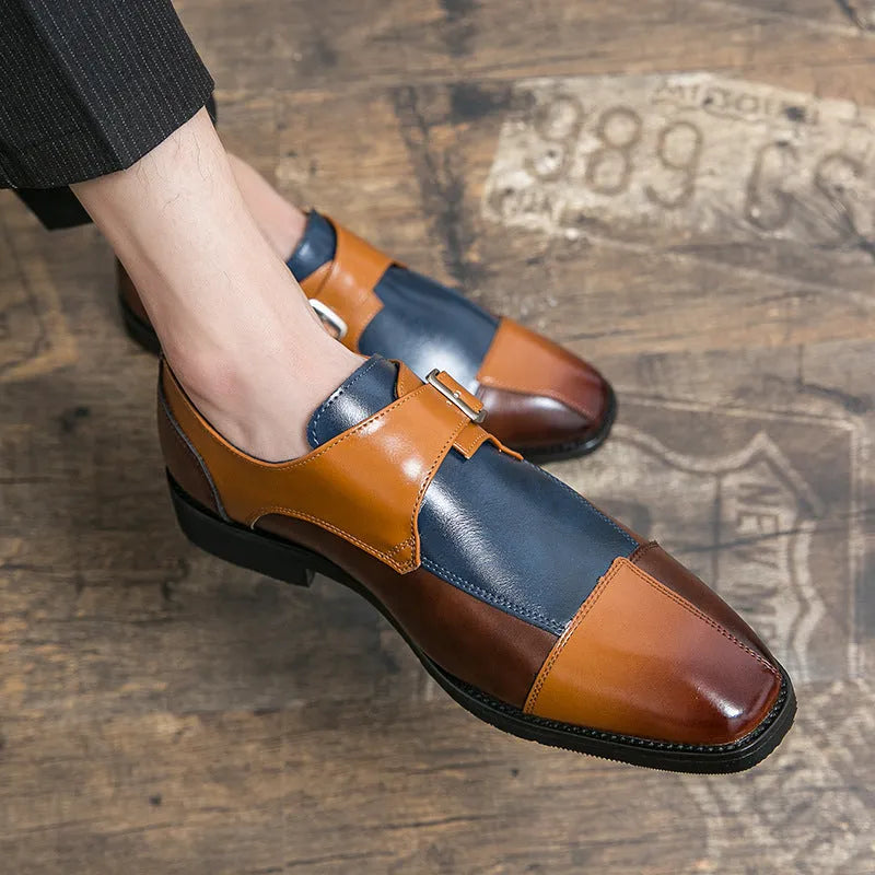 Men's tall crown leather shoes with retro buckle in brown blue and black colours