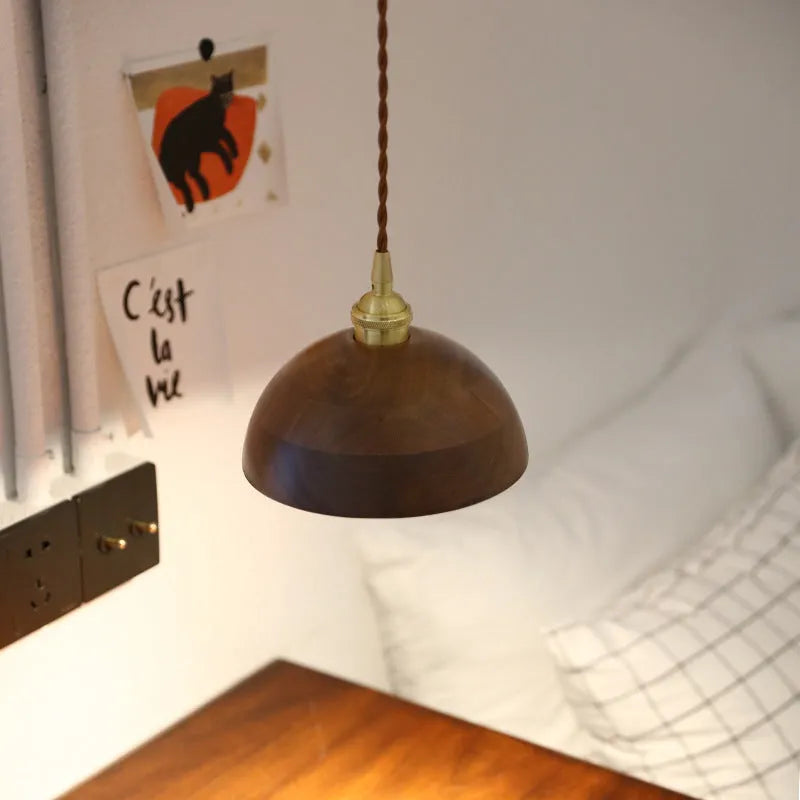 Black walnut finish single-head droplight chandelier with copper and wood art construction.