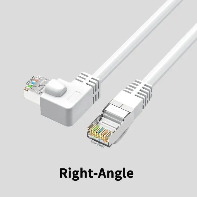 Right-angle Cat6 Ethernet cable with RJ45 connector in various colour options