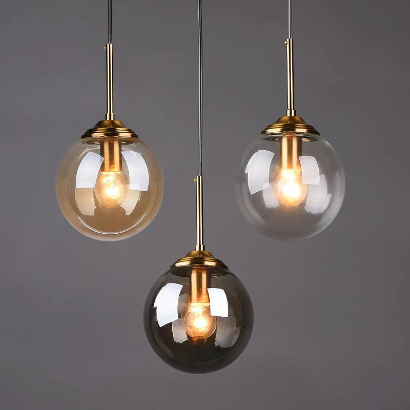 Nordic style modern round glass ball chandelier in clear, amber, smoke grey or platinum glass for living and dining rooms
