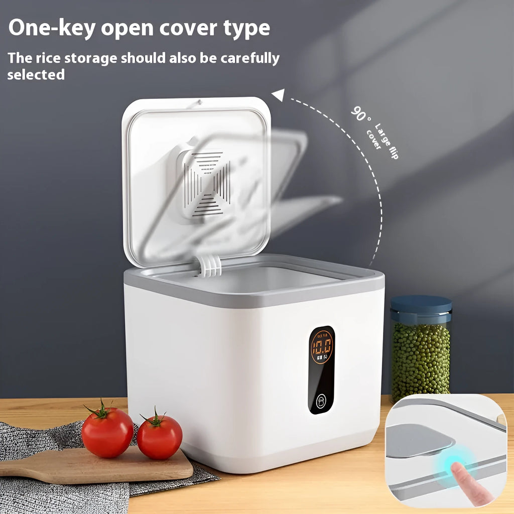 Grey plastic sealed rice storage jar with measuring cup in 10kg, 20kg, or 30kg capacity.
