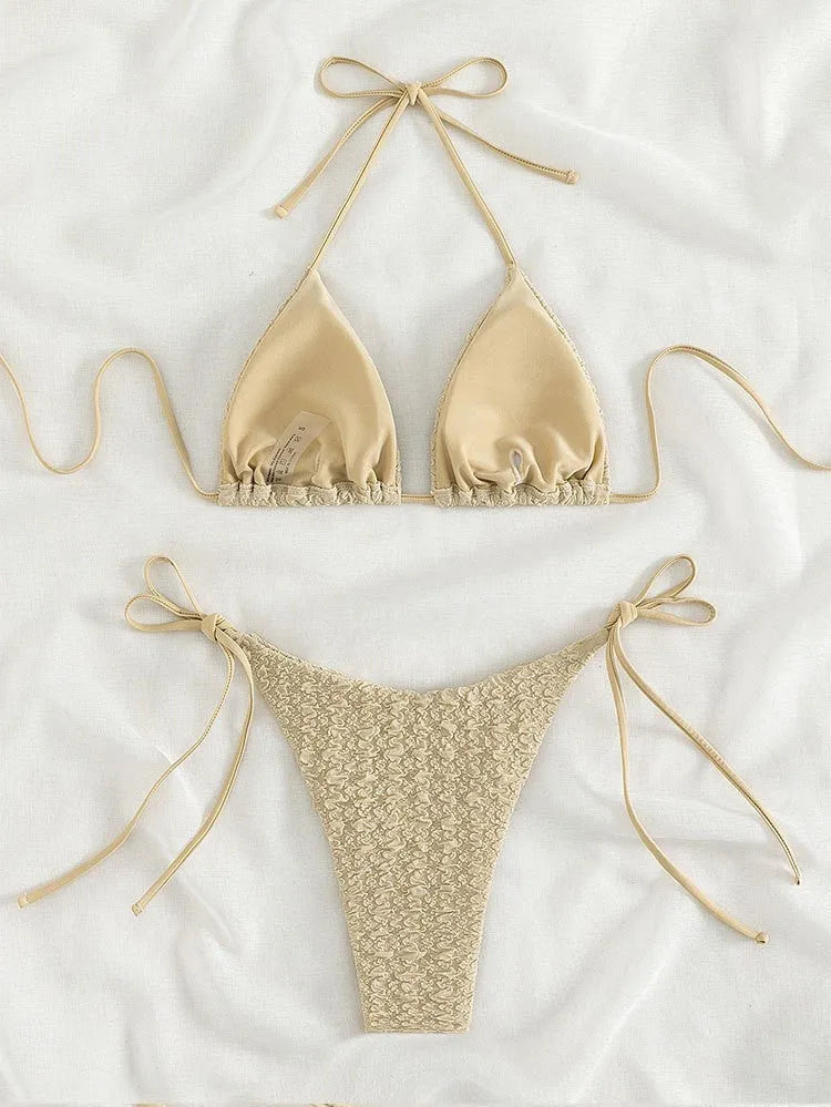 Women's khaki high waist bikini with lace-up detail on a mannequin