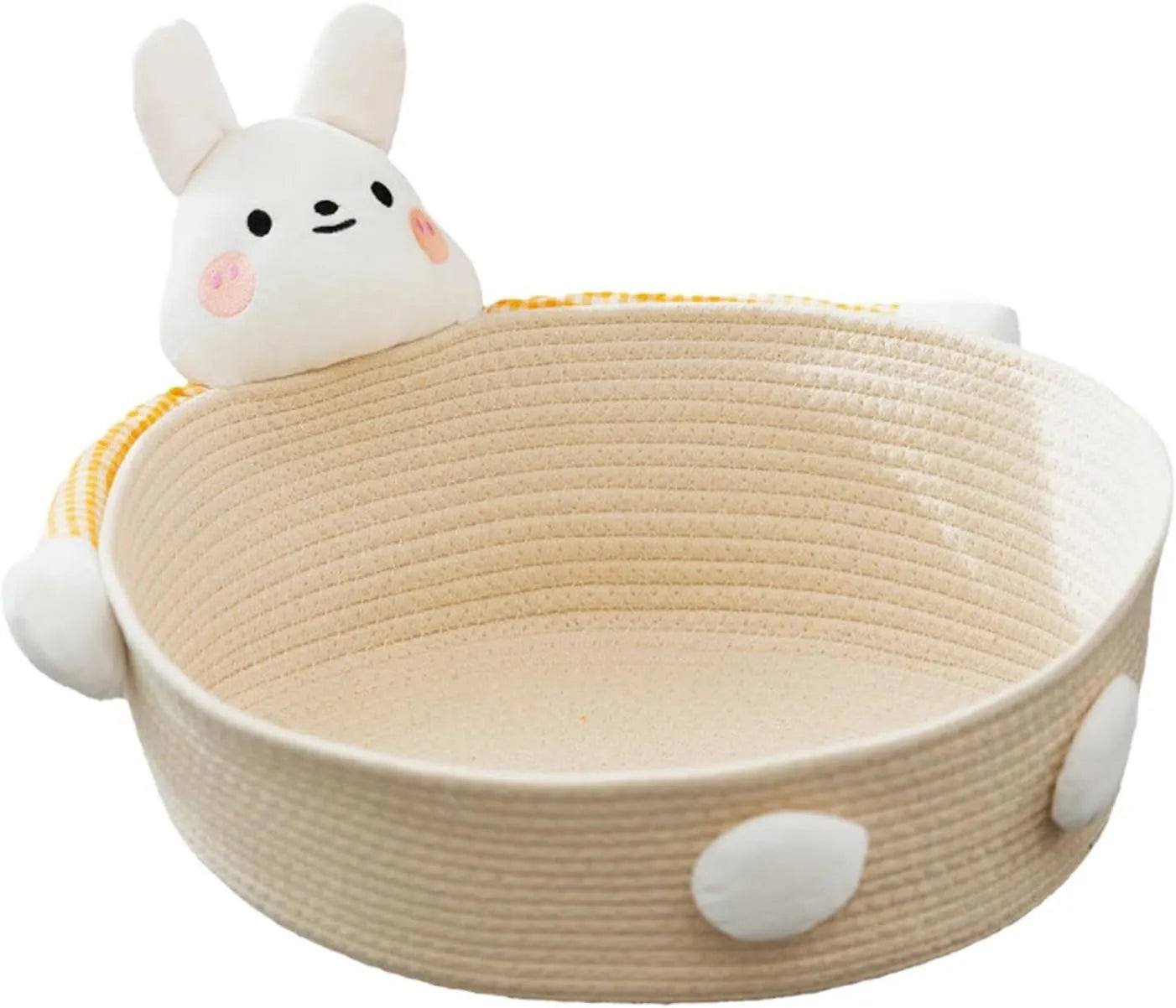 Woven cotton rope cat bed basket with bear pattern, functioning as a pet bed, scratcher, and storage container.