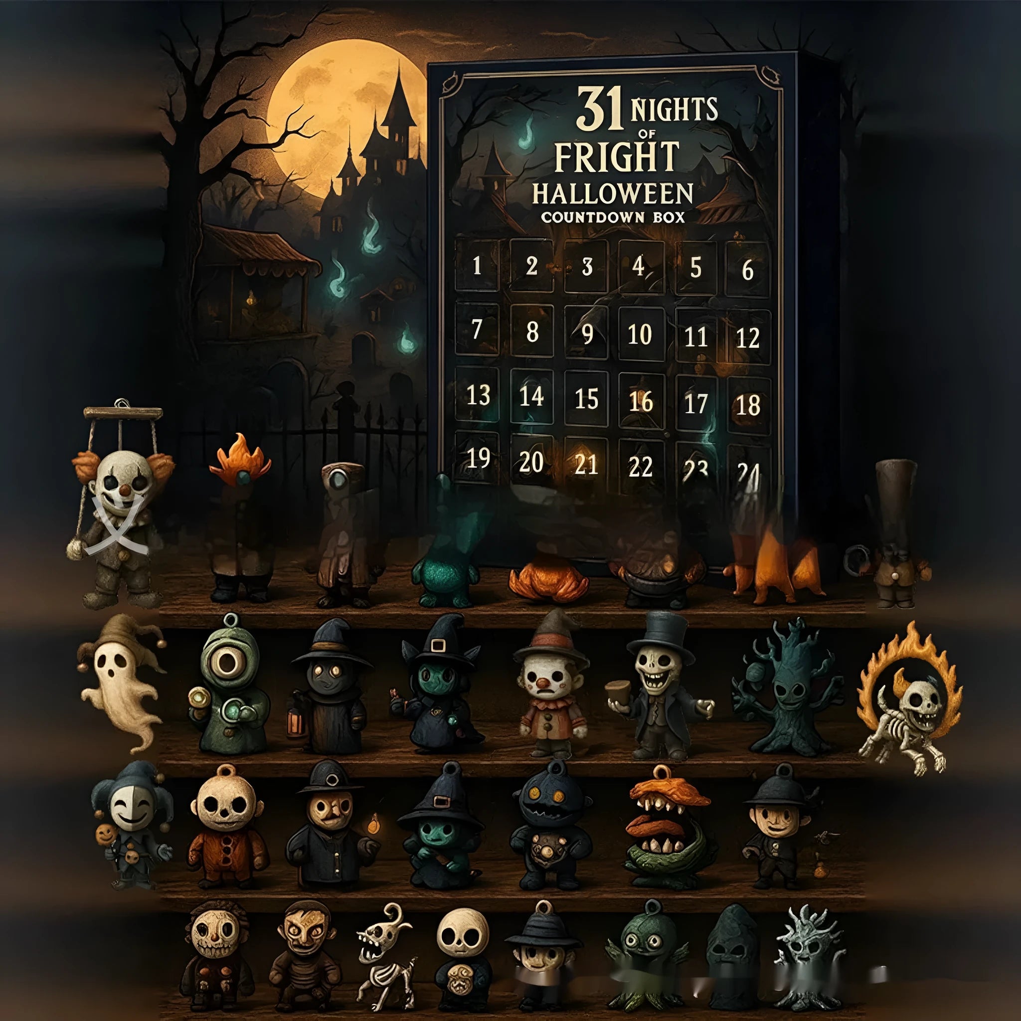 Halloween Countdown Box blind box advent calendar with horror theme and doll figure inside.