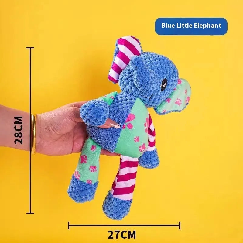 Bite-resistant puppy plush toy collection showing rechargeable duck, donkey, elephant, and dog styles