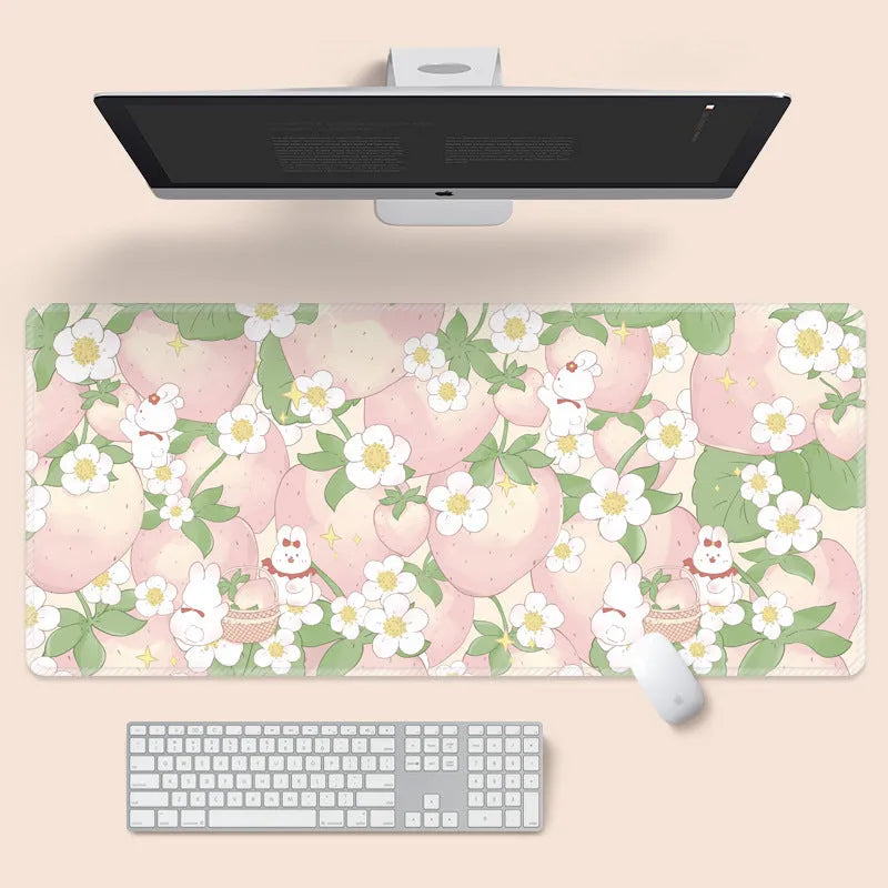 Large flower pattern mouse pad on a desk with keyboard, showing non-slip rubber base and colourful tulip design.