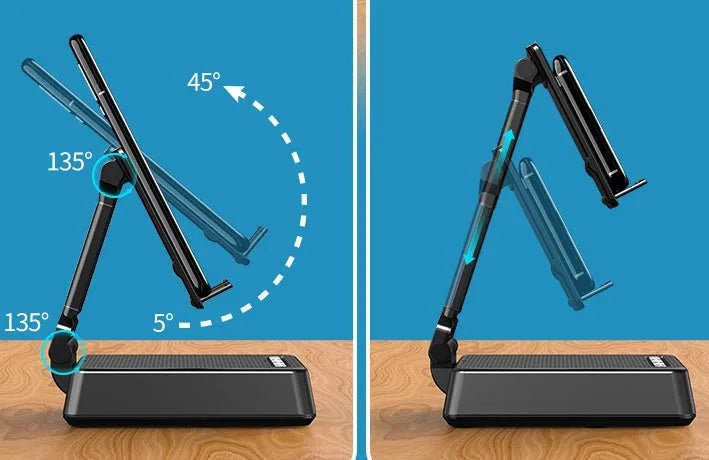 Black mobile phone stand with Bluetooth speaker and microphone for desk use