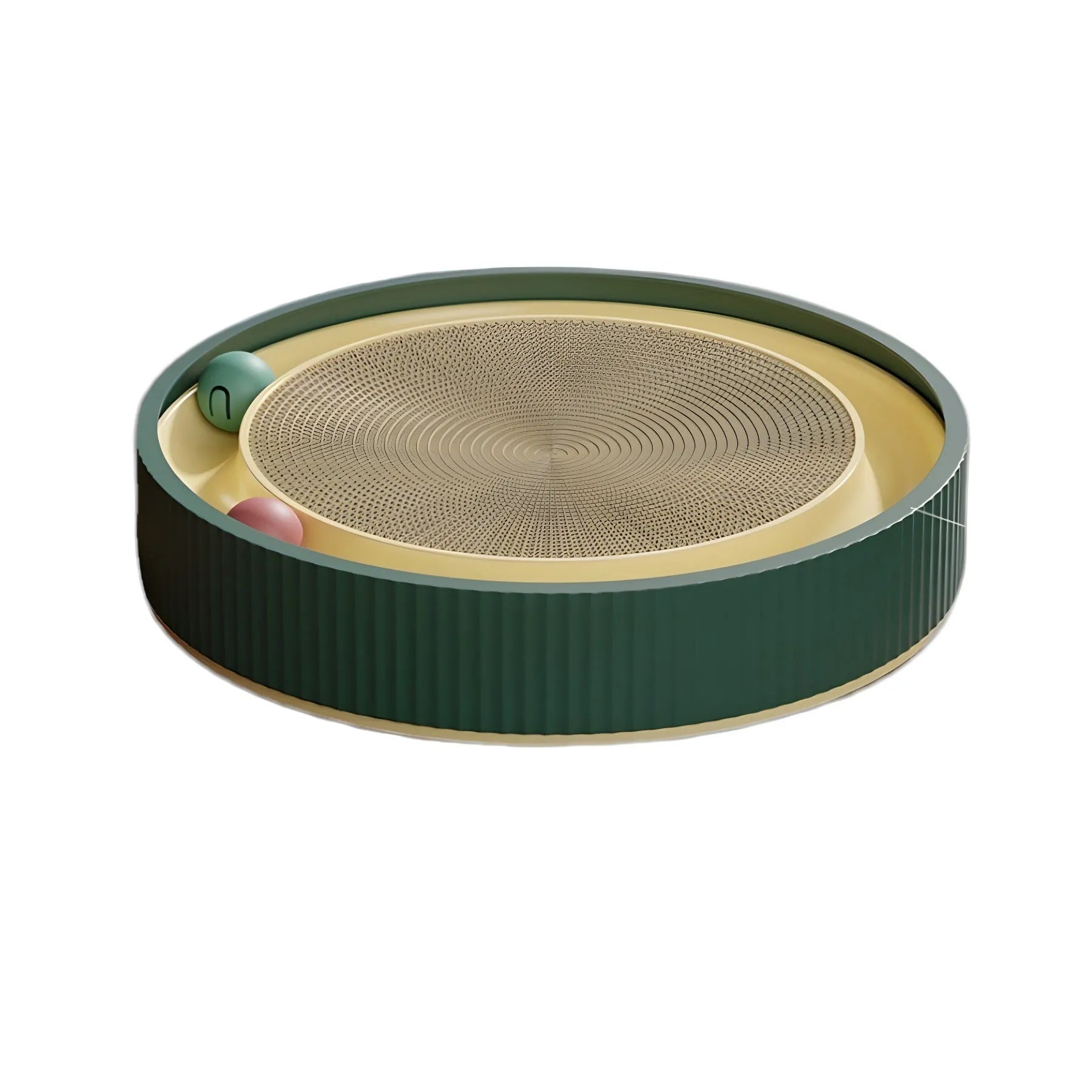 Large circular cat scratching board with integrated ball toys and replaceable cardboard core