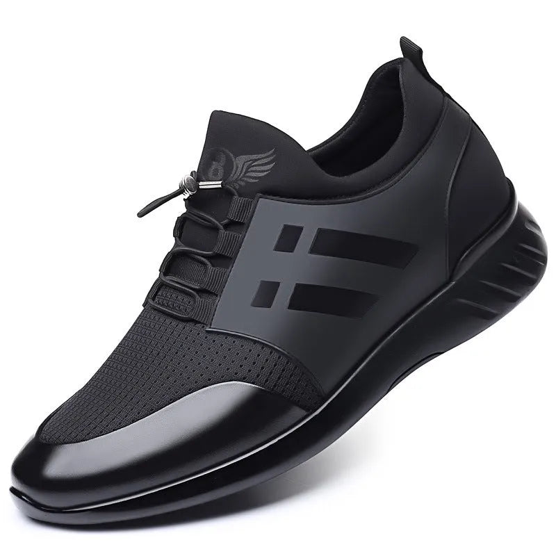 Men's black casual shoes with hidden height increase, showing chunky rubber sole and choice of leather or mesh upper