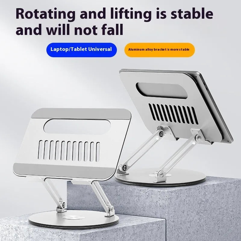 Silver aluminium laptop stand with height adjustment mechanism in folded position