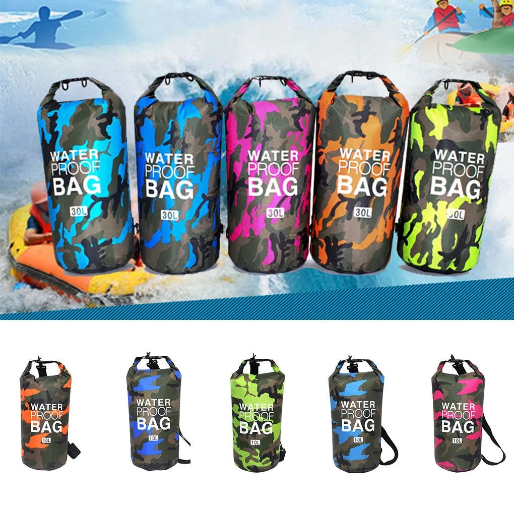 Outdoor waterproof camouflage polyester double shoulder backpack in green, with roll-top closure and foldable design
