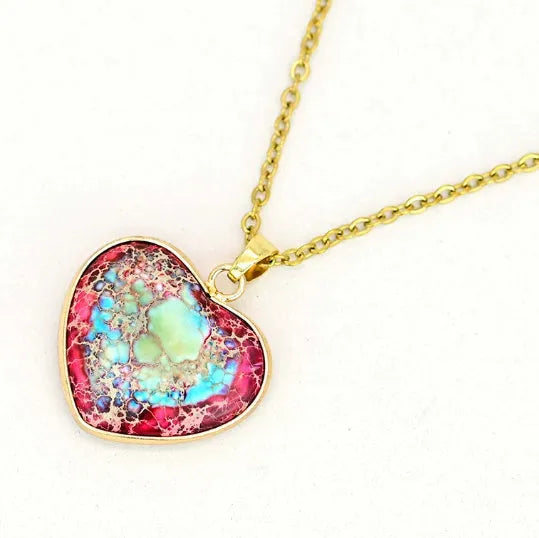 Natural stone heart-shaped pendant necklace in red and blue colours