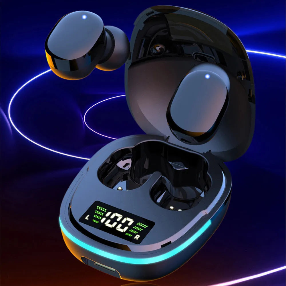 Black true wireless Bluetooth in-ear headphones with a charging case showing digital battery display.