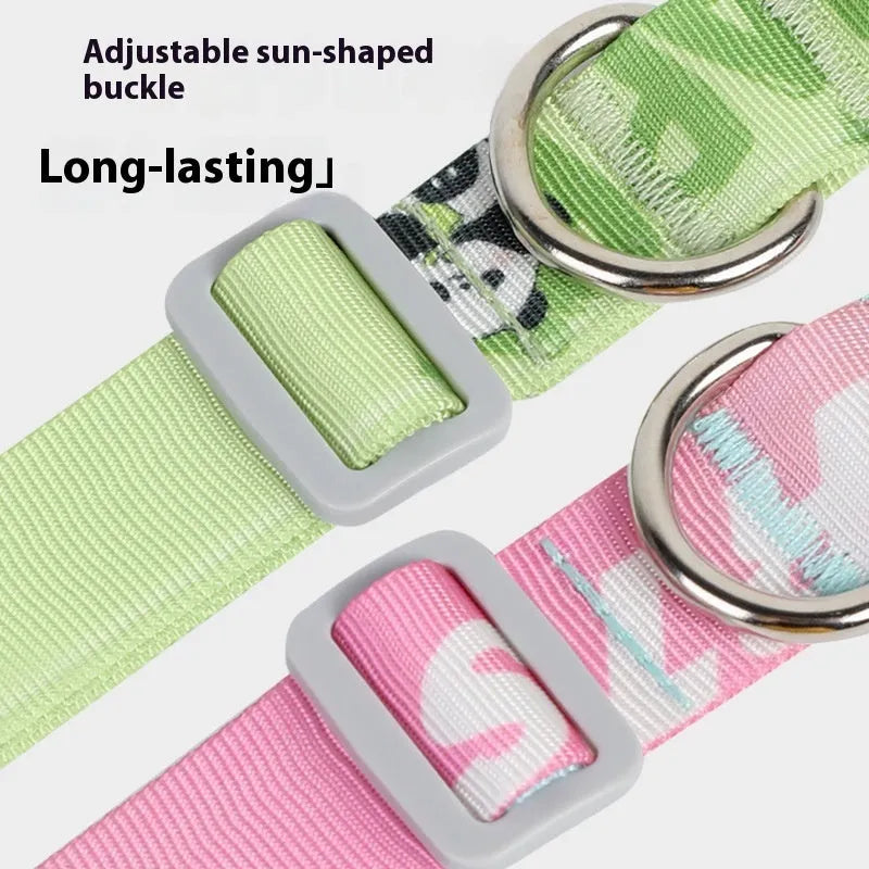 Adjustable nylon dog collar with colourful cartoon gradient print in Panda Green.