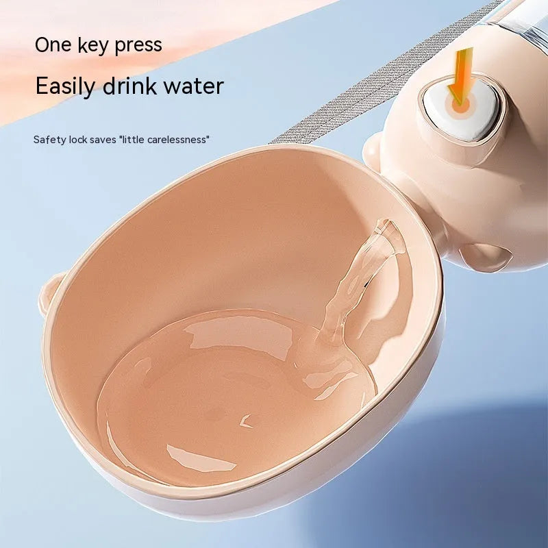 Portable dog water bottle and food container in yellow, pink, and brown colour options.