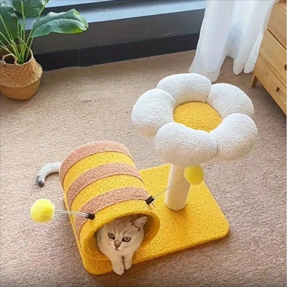 Yellow cat climbing frame with sisal scratching post and integrated tunnel.
