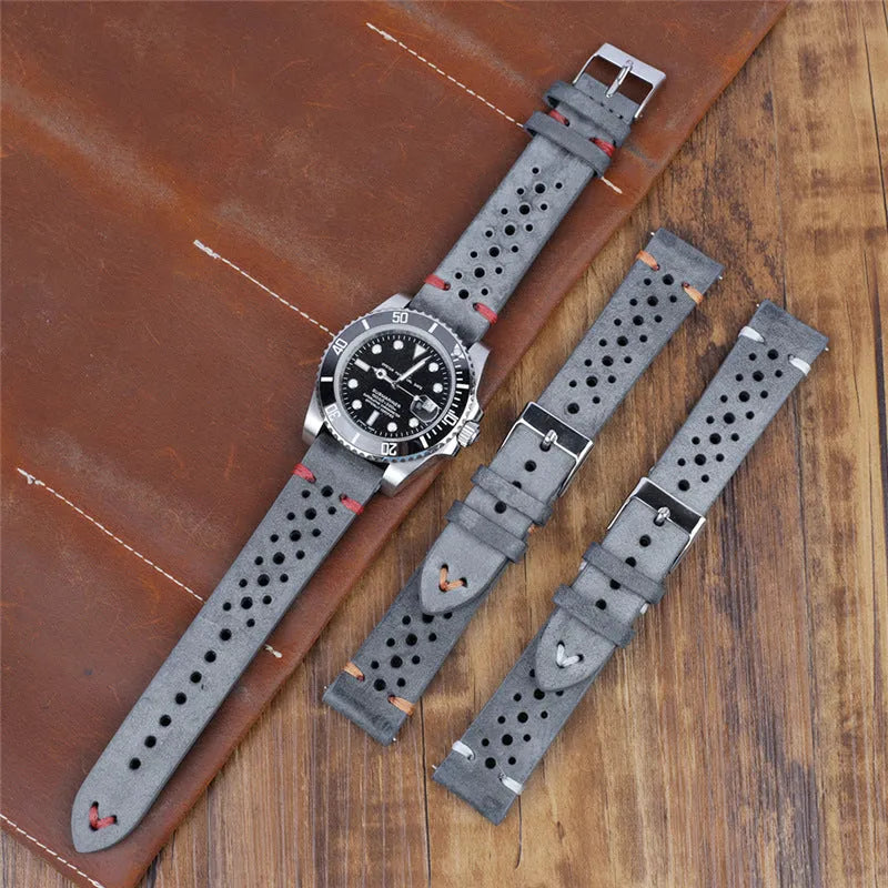 Handmade retro genuine leather watch band in brown with contrast stitching