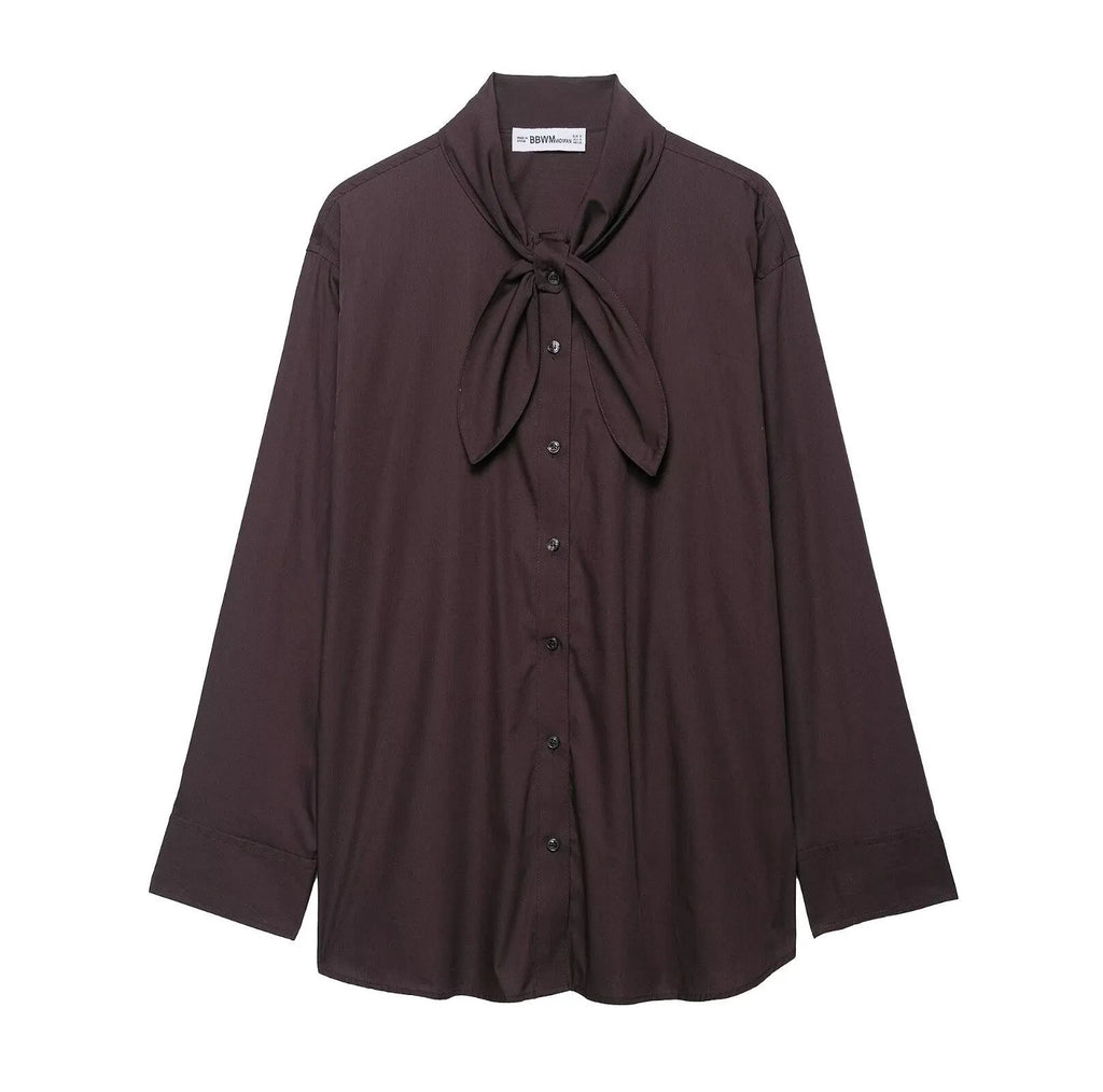 Brown women's poplin shirt with a bow tie, cardigan-style front, and long sleeves.