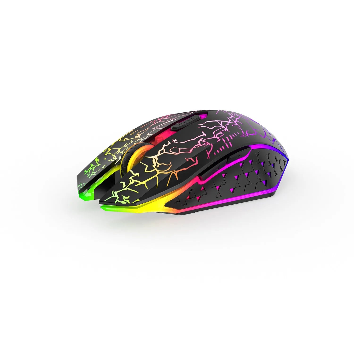 Black wireless gaming mouse with luminous breathing light effects on desktop with charging cable