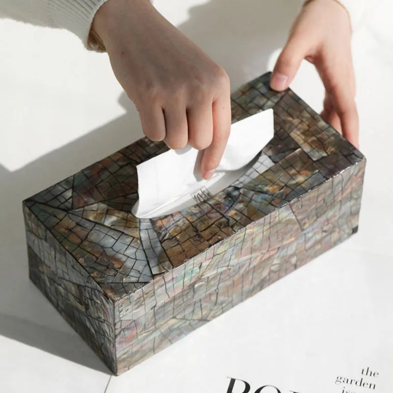 Black rectangular and square natural shell tissue box holder with removable storage tray.