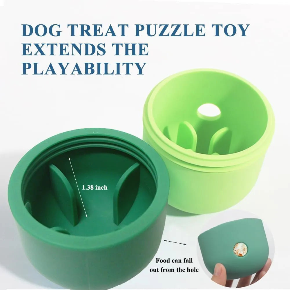 Food grade silicone dog treat puzzle ball in white with blue trim, measuring 8x11cm