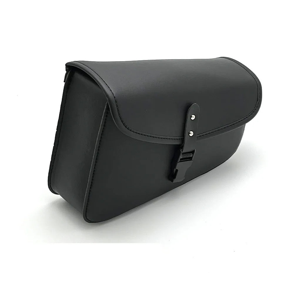 Black motorcycle swingarm saddlebag mounted on Harley-Davidson Sportster side