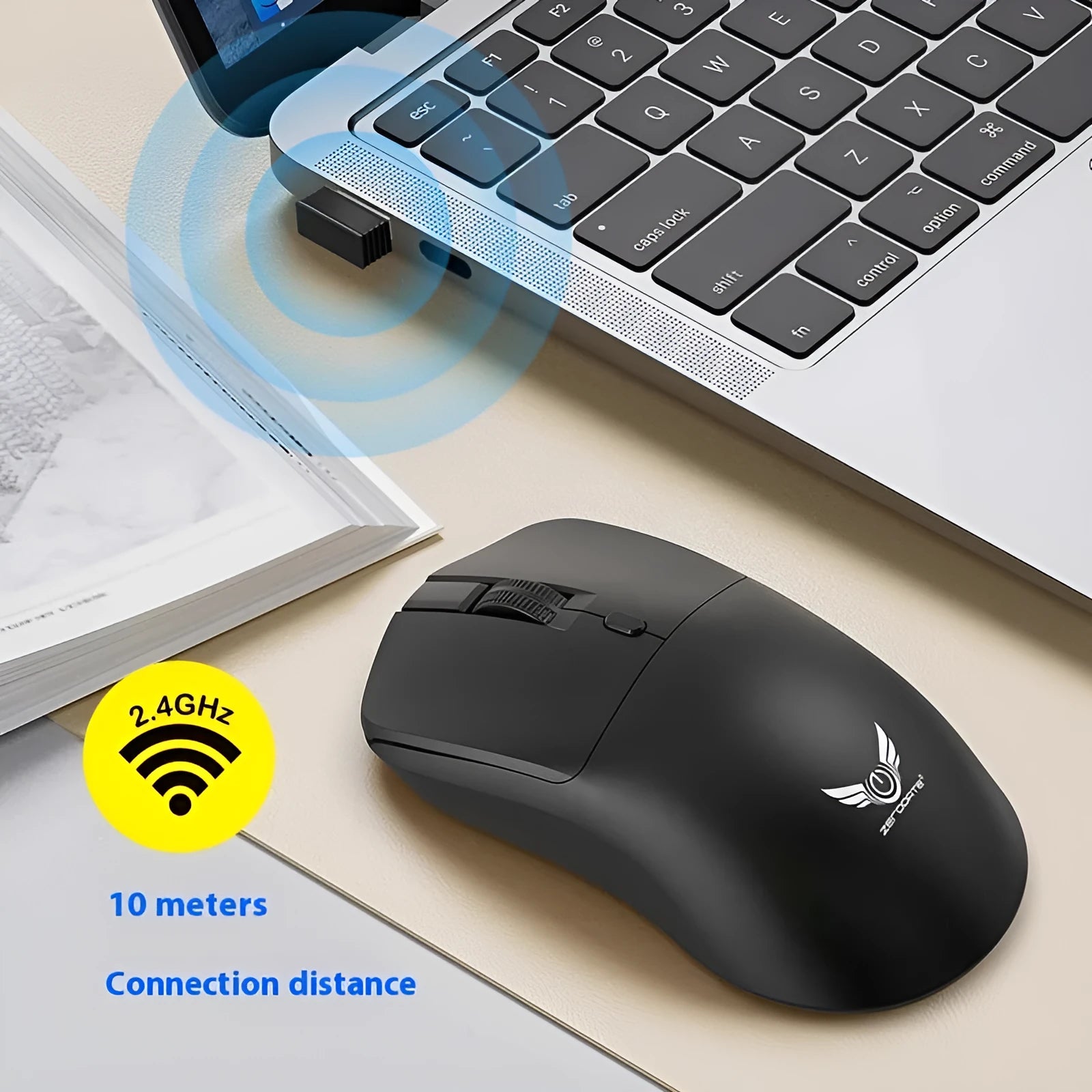 Black wireless mouse with three-gear audio button, photoelectric working mode for laptops