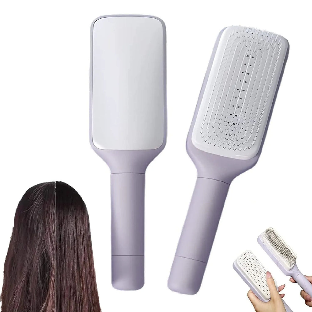 Self-cleaning hair brush with rotating handle, anti-static teeth and scalp massage points in purple and grey colours