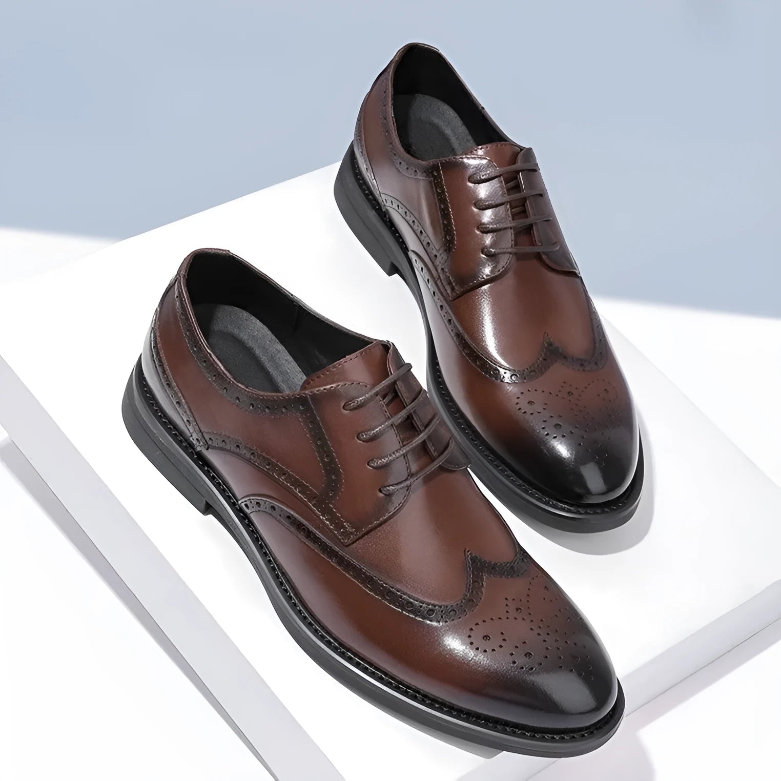 Men's black and brown brogue formal shoes with PU leather upper for business wear.