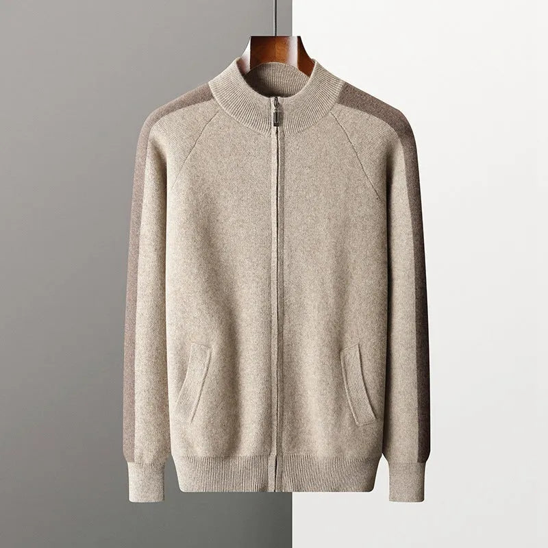 Men's camel-coloured cashmere wool blend half turtleneck zipper cardigan and matching trousers suit set