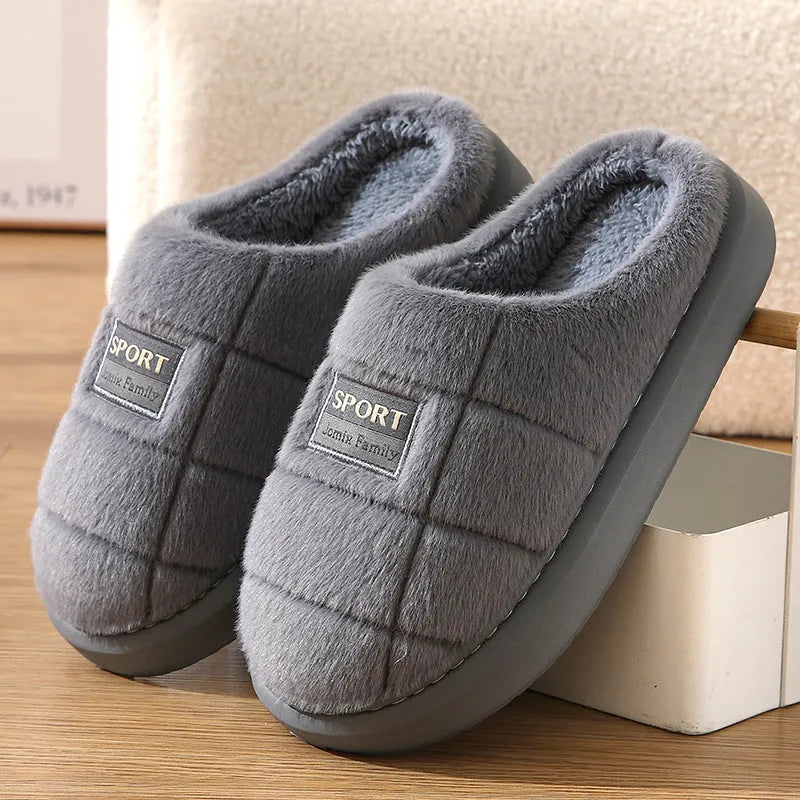 Men's grey brown household slippers with artificial wool lining and thick EVA sole