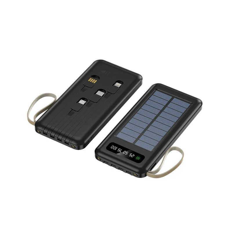 Black and white solar power bank showing its built-in solar panel and USB port.