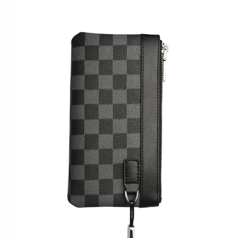 Black men's leather clutch wallet showing cowhide texture and 20cm x 10cm dimensions