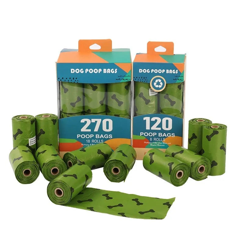 Roll of army green degradable dog poop bags with black bone print, showing bag size of 23x33cm.