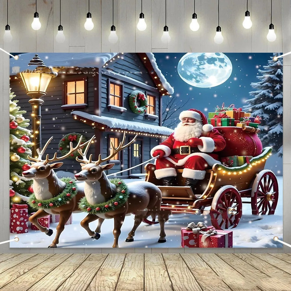 Large red and white Santa Claus Christmas banner with gift design, measuring 210cm wide by 150cm high.