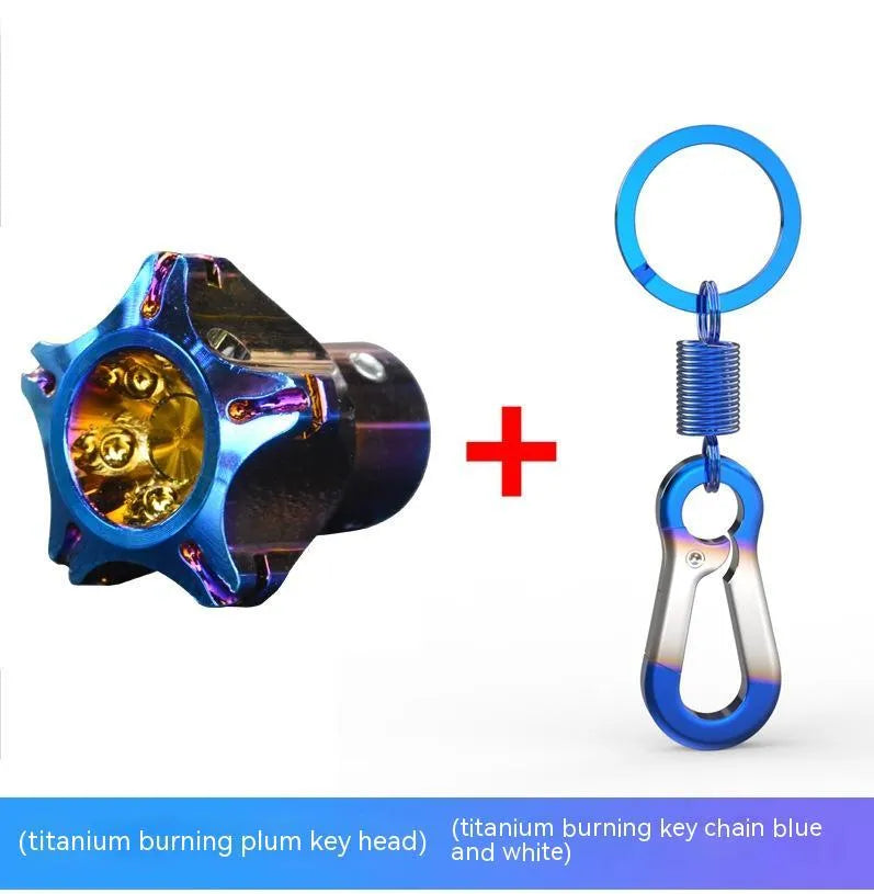 T6 aluminium motorcycle key head cover in hexagonal, pentagram, and plum blossom designs.