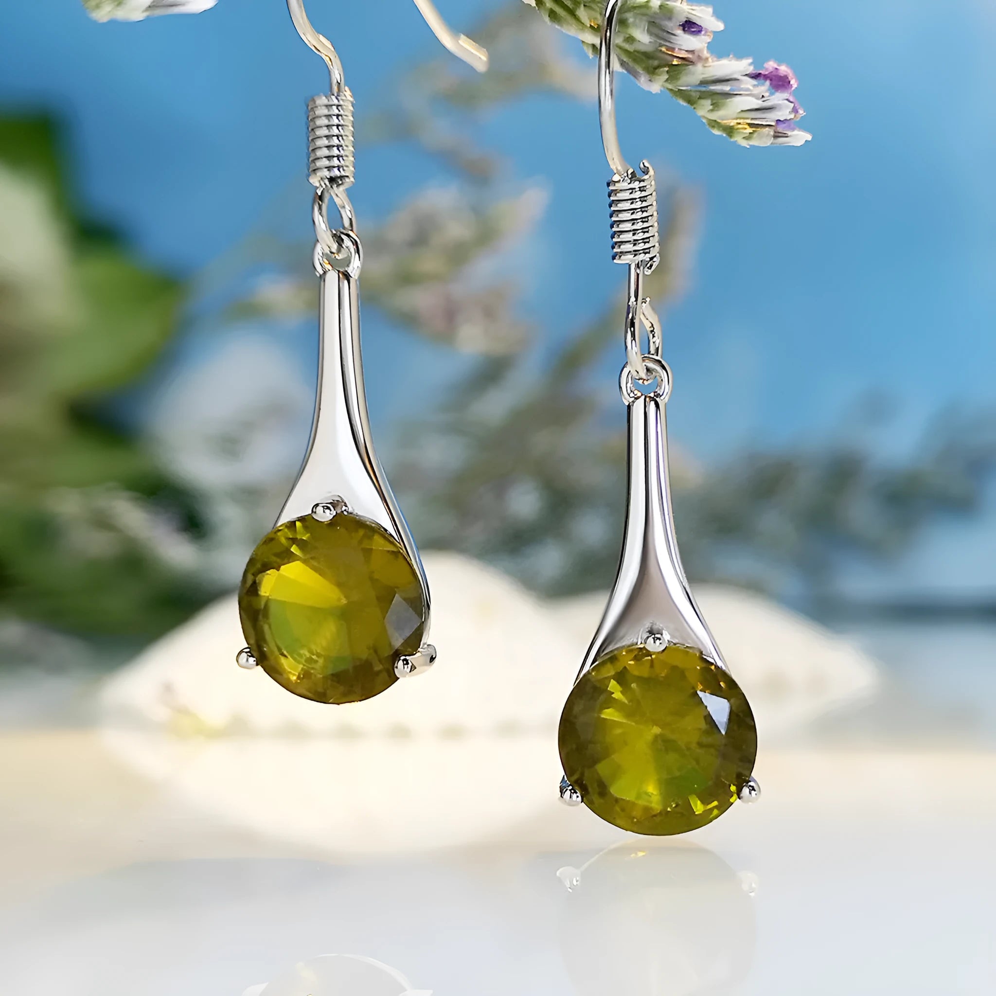 Olive green topaz colour water drop shaped earrings with retro minimalist design