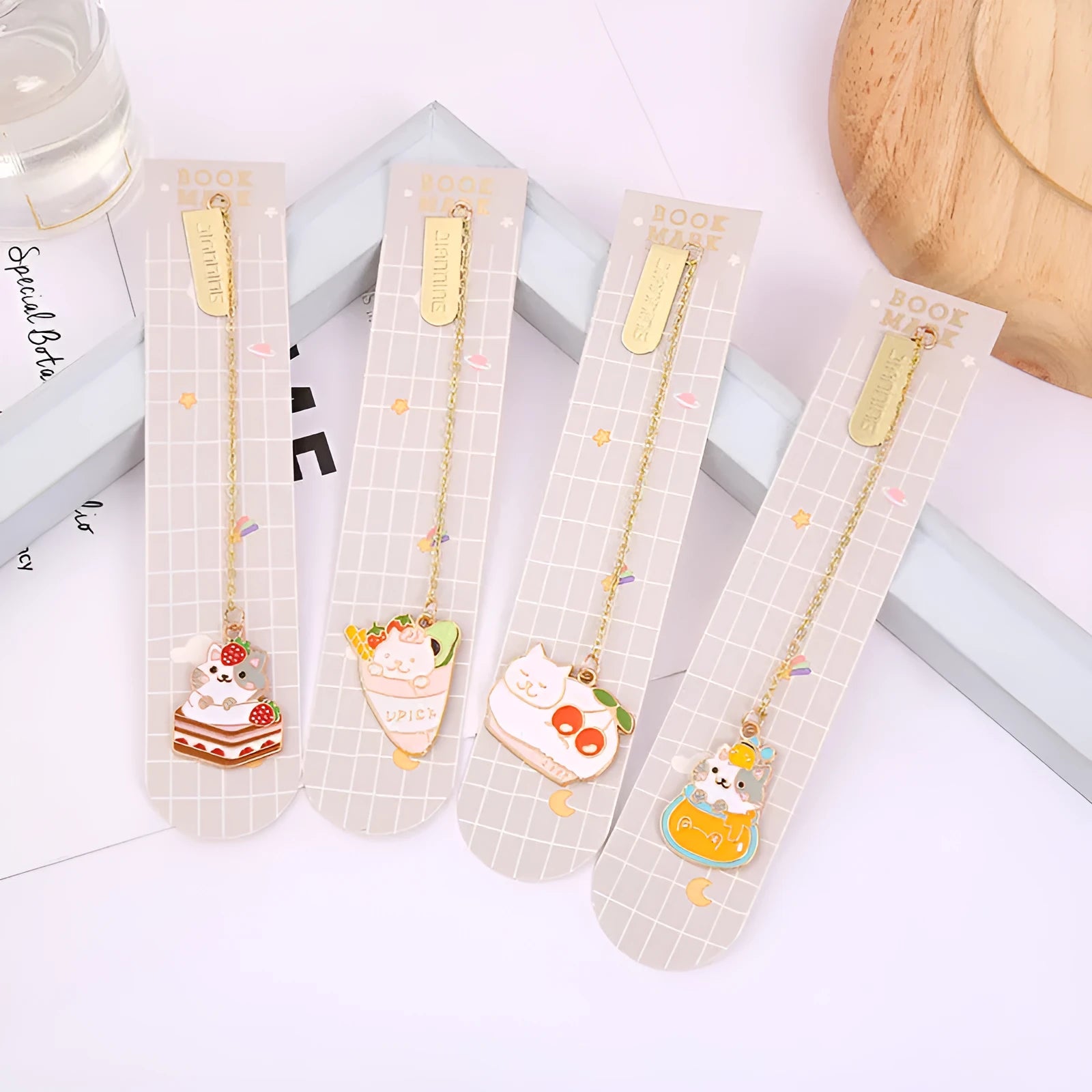 Jane Key Foodie cute pet cat metal bookmark with cartoon pendant in one of four designs, size 3.8cm by 18.3cm.