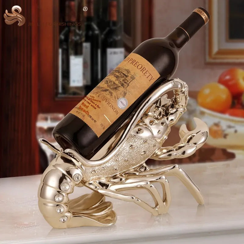 Lobster-shaped decorative wine rack ornament in metallic rose gold holding a wine bottle.