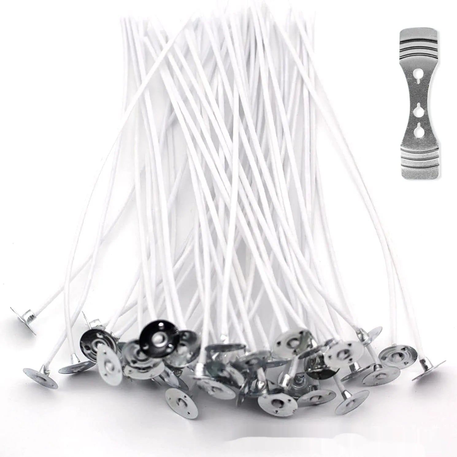 White cotton candle wick spool showing tightly woven core, with 2.6cm, 6cm and 8cm size examples.
