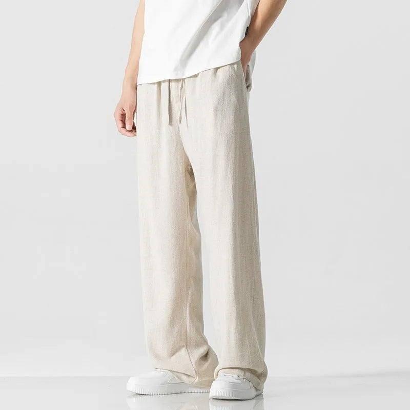 Men's bamboo fibre linen trousers in loose straight-leg cut with cropped length and drawstring waist