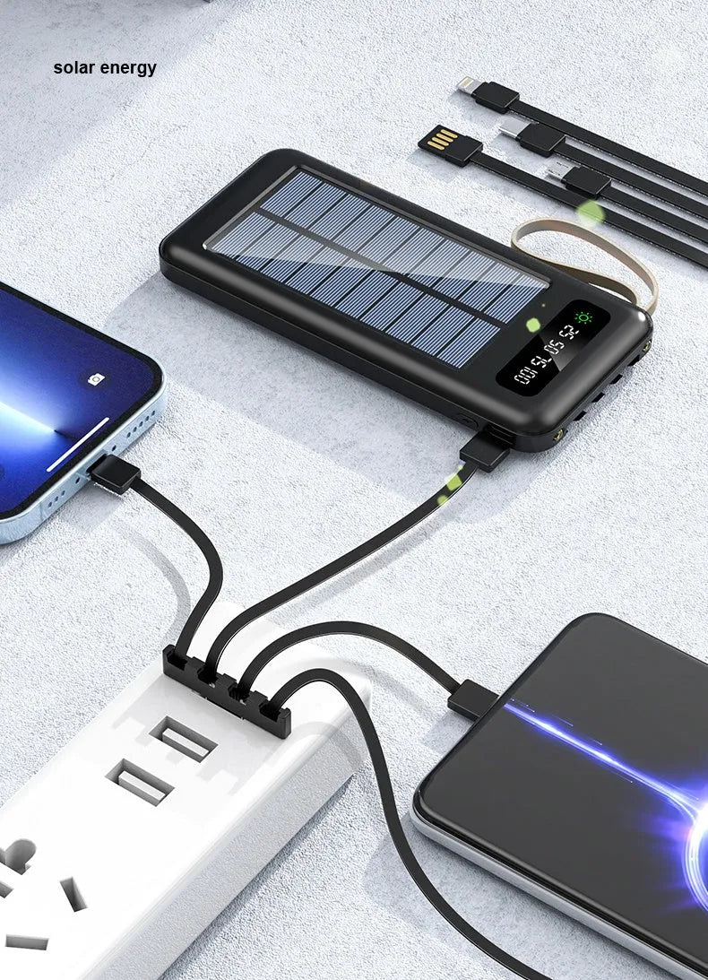 Black and white solar power bank showing its built-in solar panel and USB port.