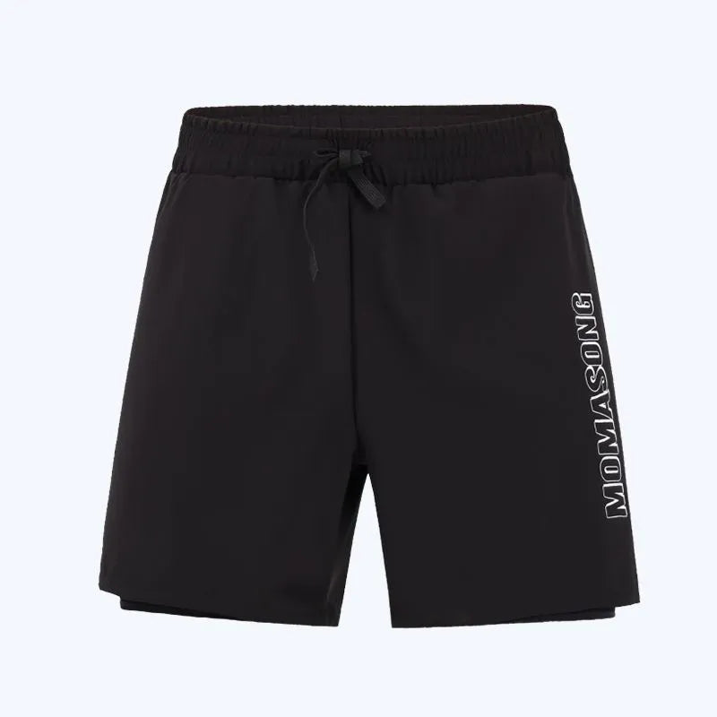 Men's white long-sleeve swim shirt and matching colour block swim trunks set on a man.