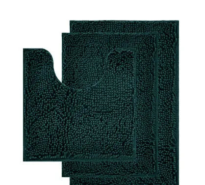 Chenille bathroom carpet three-piece set showing U-shaped toilet mat and two rectangular rugs in green.