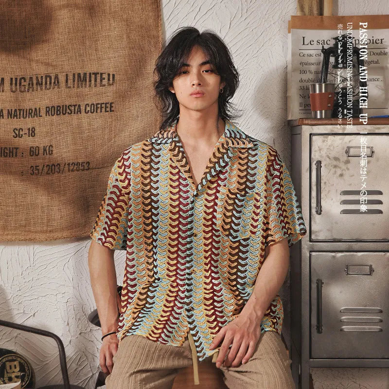 Japanese style Cuban collar short sleeve shirt with hollow jacquard pattern in grey colour